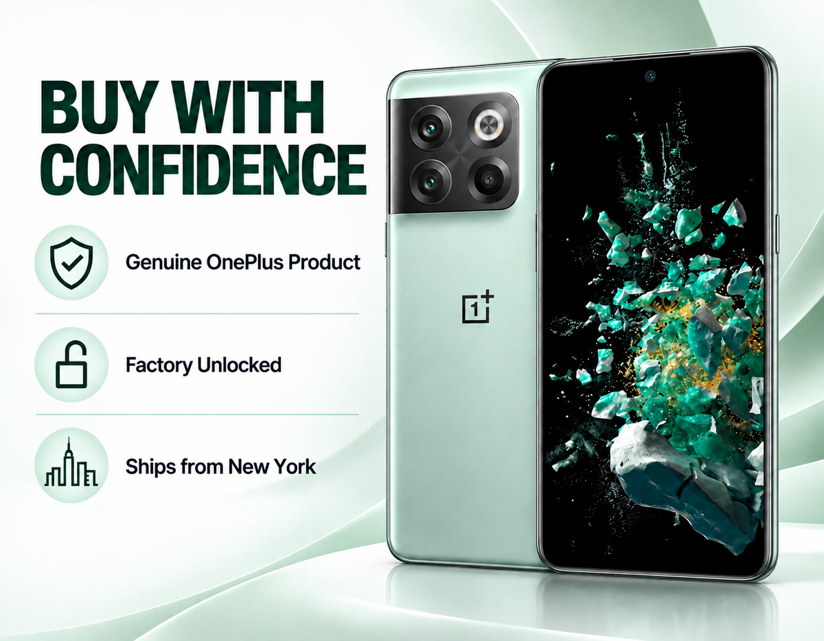 OnePlus 10T 5G Jade green smartphone shown front and back, with dual rear camera module