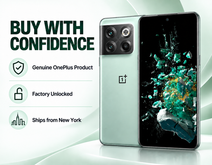 OnePlus 10T 5G Jade green smartphone shown front and back, with dual rear camera module