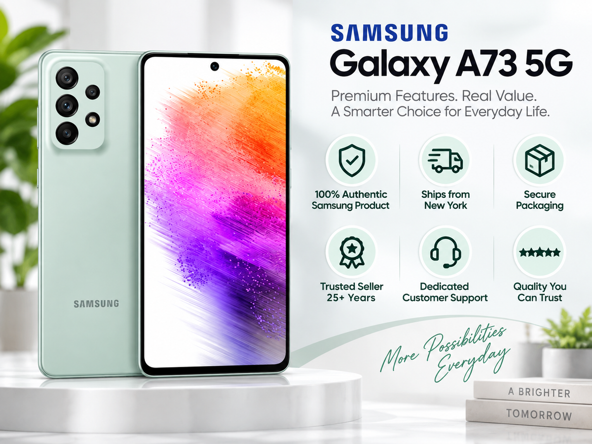 Samsung Galaxy A73 5G phone, mint back and front showing vibrant purple-orange wallpaper