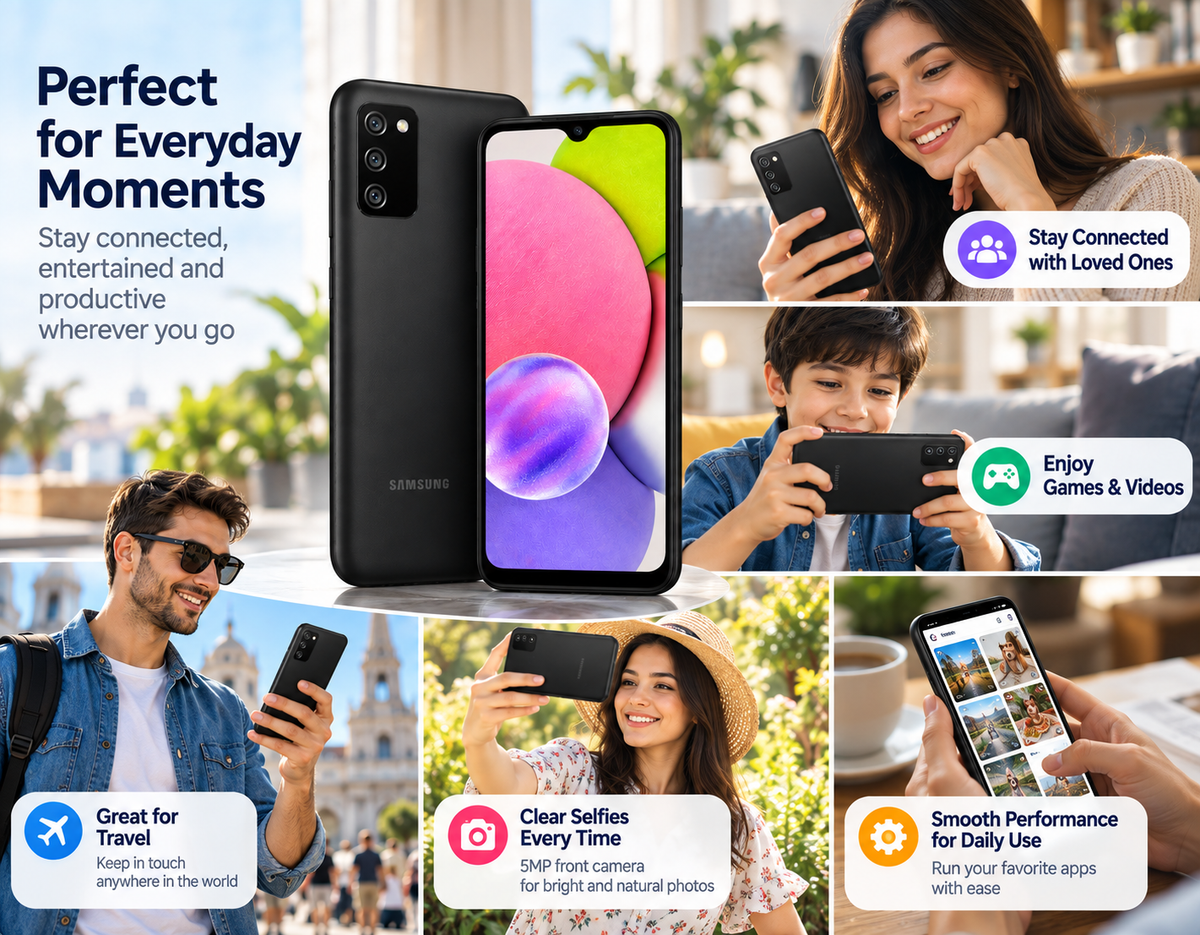Black Samsung Galaxy A03s phone in hands for calls and video moments