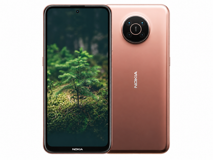 Nokia X20 5G Rose copper smartphone with front and back views, dual rear camera module