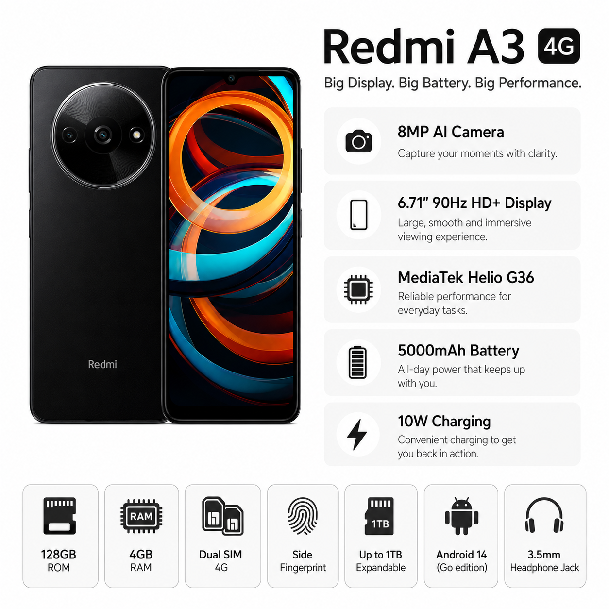 Xiaomi Redmi A3 4G 128GB ROM 4GB RAM Dual SIM GSM Unlocked - Black