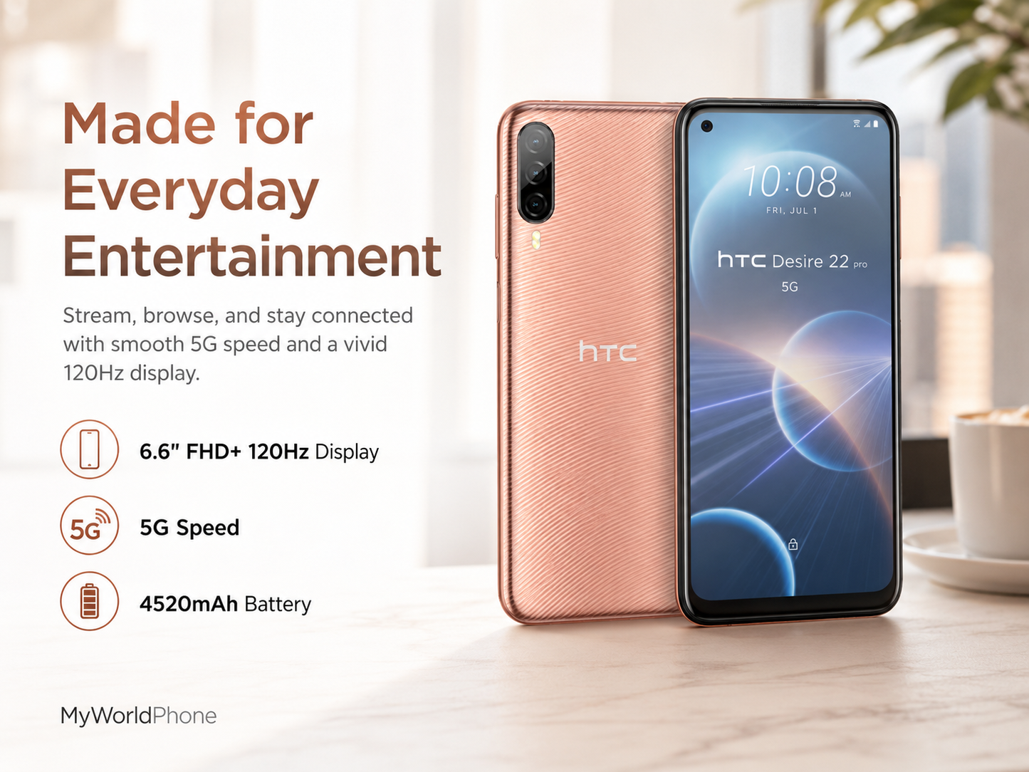 HTC U24 Pro 5G  Gold HTC 5G smartphone with dual rear cameras and front touchscreen (10:08)