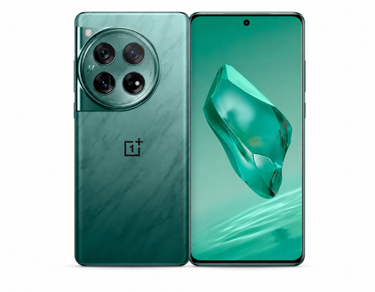 Green OnePlus 12 dual-sim smartphone with triple rear cameras and front display