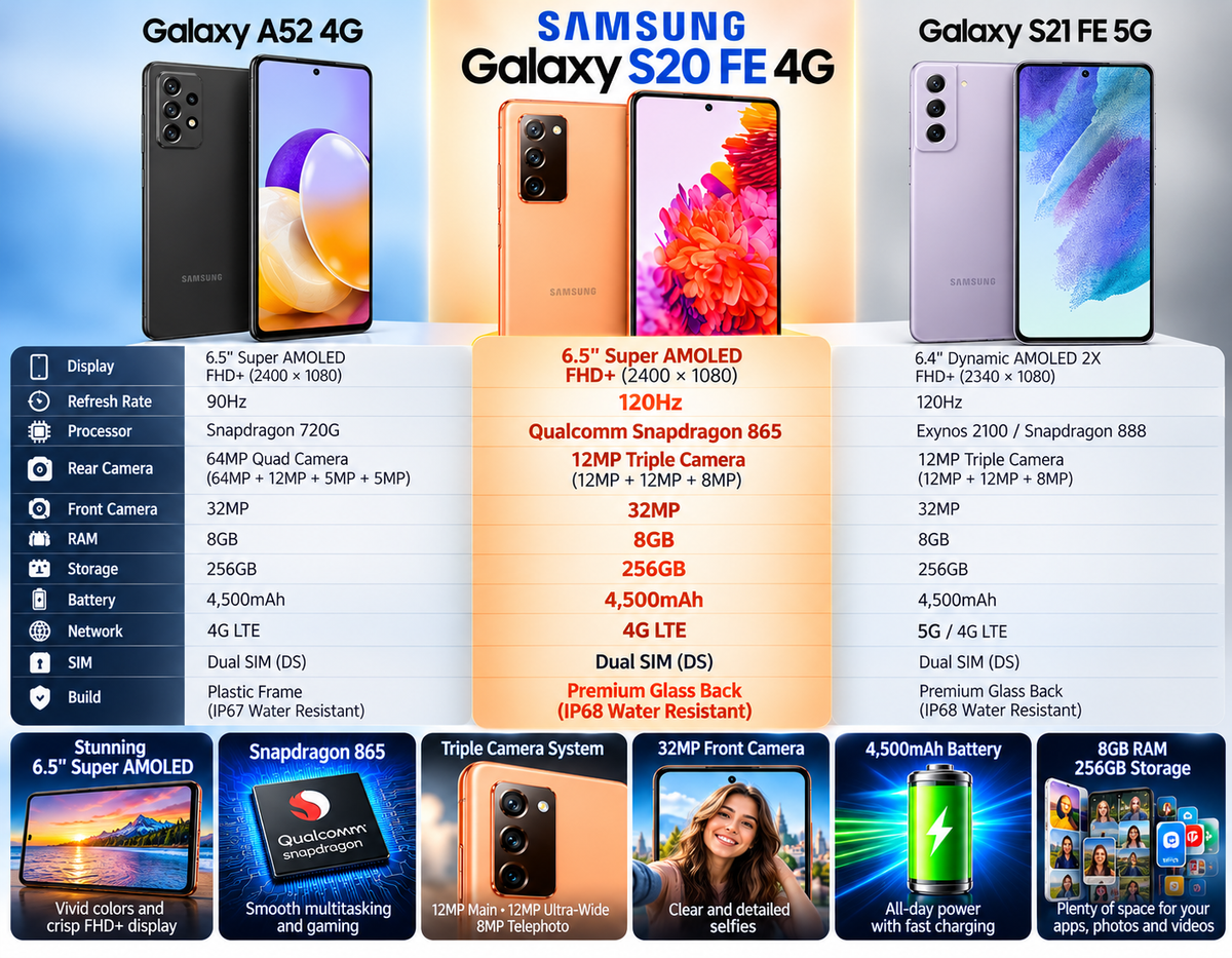 Cloud Orange Samsung Galaxy S20 FE smartphone with front and rear shown