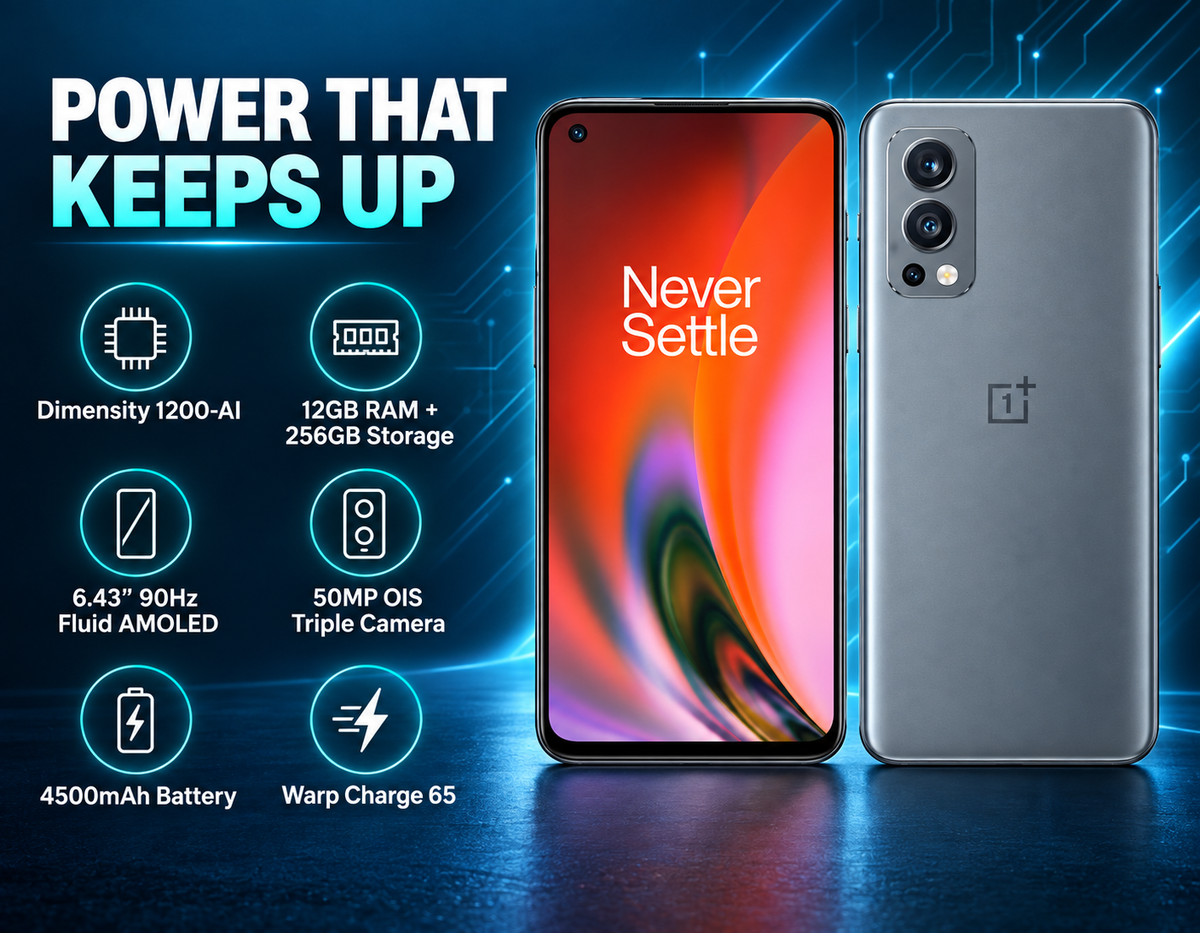 OnePlus Nord 2 5G Gray smartphone shown front and back, dual rear cameras