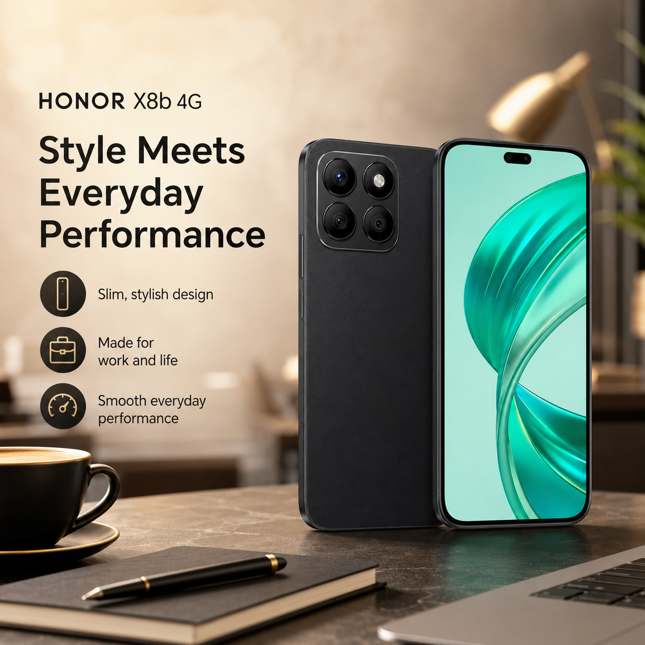 Midnight black HONOR phone with teal abstract screen, front and back side-by-side