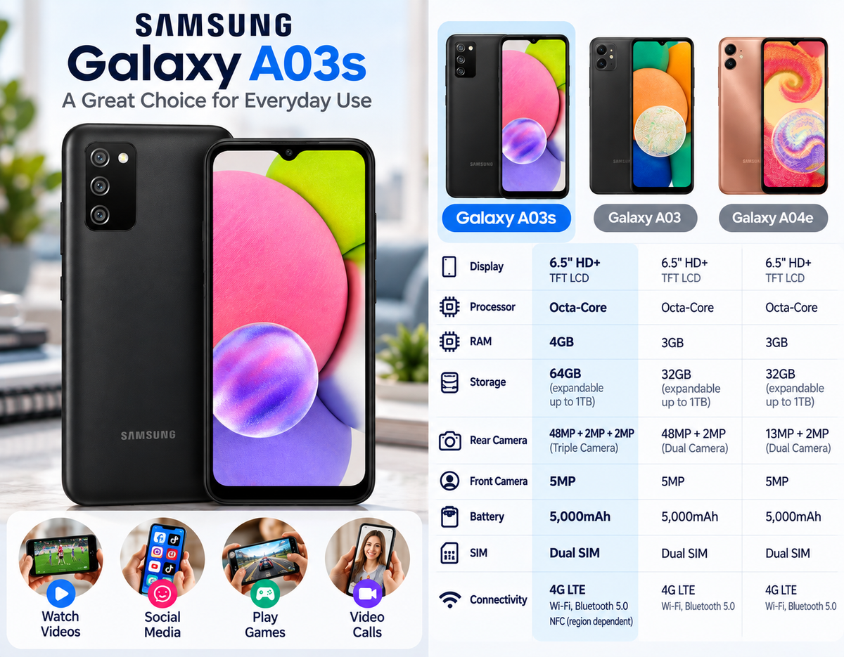 Samsung Galaxy A03s black smartphone showing back, front display, and camera lens
