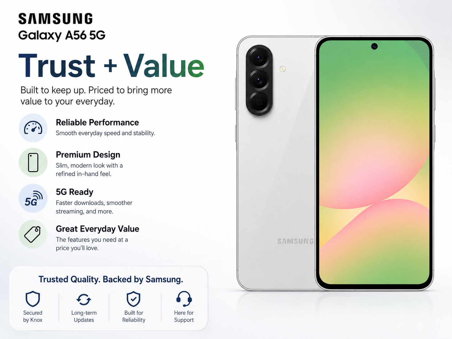 Samsung Galaxy A56 5G dual SIM phone with gray back and front