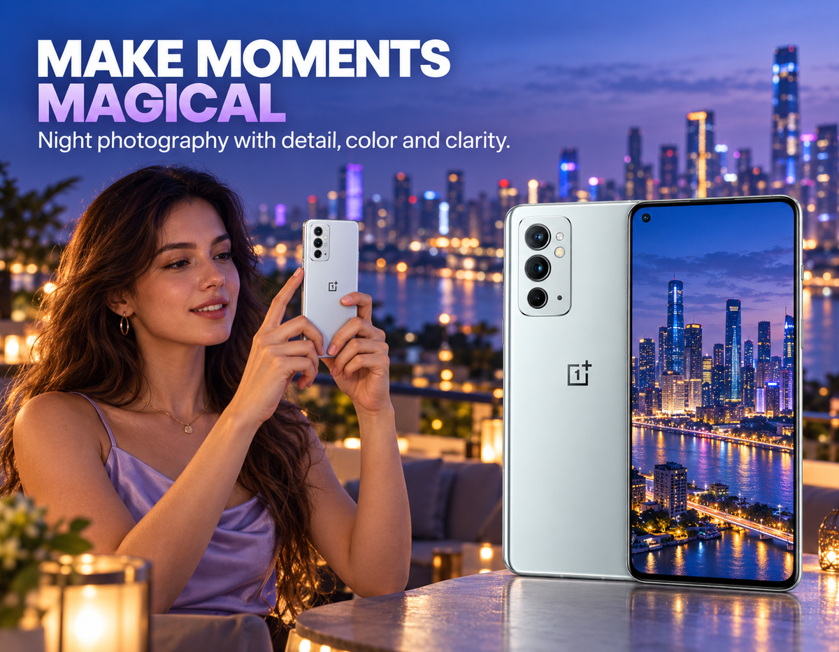 Silver OnePlus 9RT 5G smartphone with night city wallpaper, held in hand.