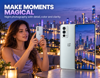 Silver OnePlus 9RT 5G smartphone with night city wallpaper, held in hand.