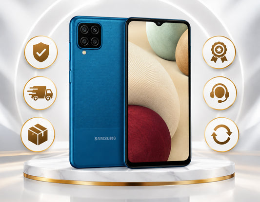 Blue Samsung Galaxy A12 smartphone on display stand, front and rear views