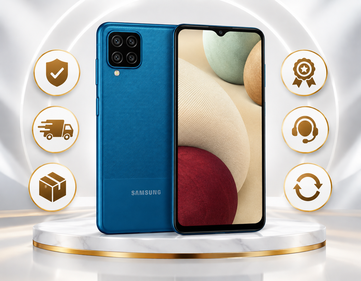 Blue Samsung Galaxy A12 smartphone on display stand, front and rear views