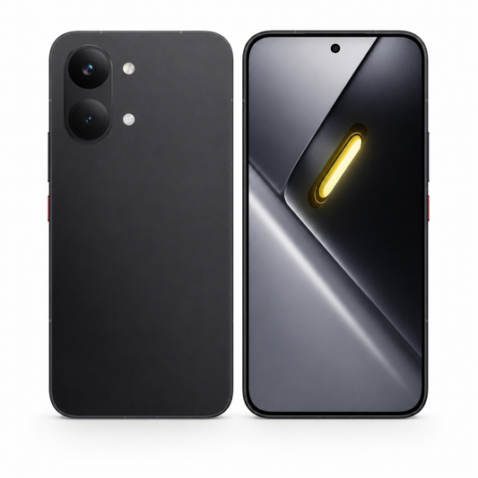 Black smartphone front and back view with dual rear cameras