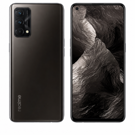 Realme GT Master Edition 5G Cosmos Black phone back and front, side buttons and triple camera raised panel