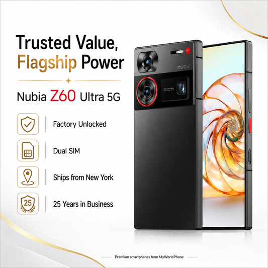 Nubia Z60 Ultra 5G  Black smartphone front and back view, slim body with triple rear cameras