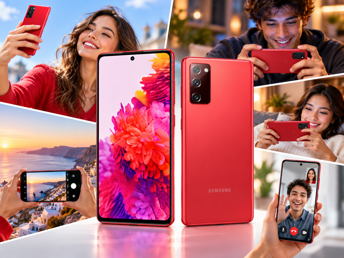Samsung Galaxy S20 FE Cloud red smartphone shown in use, with front screen and rear camera visible