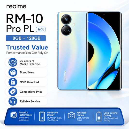Realme 10 Pro+ 5G Blue Realme smartphone front and back view with dual rear cameras.