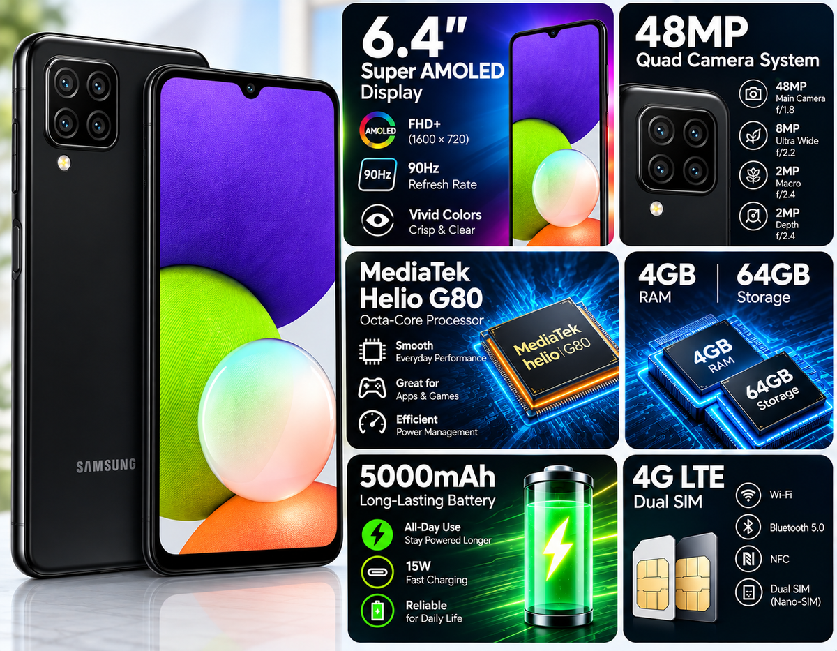 Samsung Galaxy A22 4G Black Samsung Galaxy smartphone with front screen and quad-camera system detail