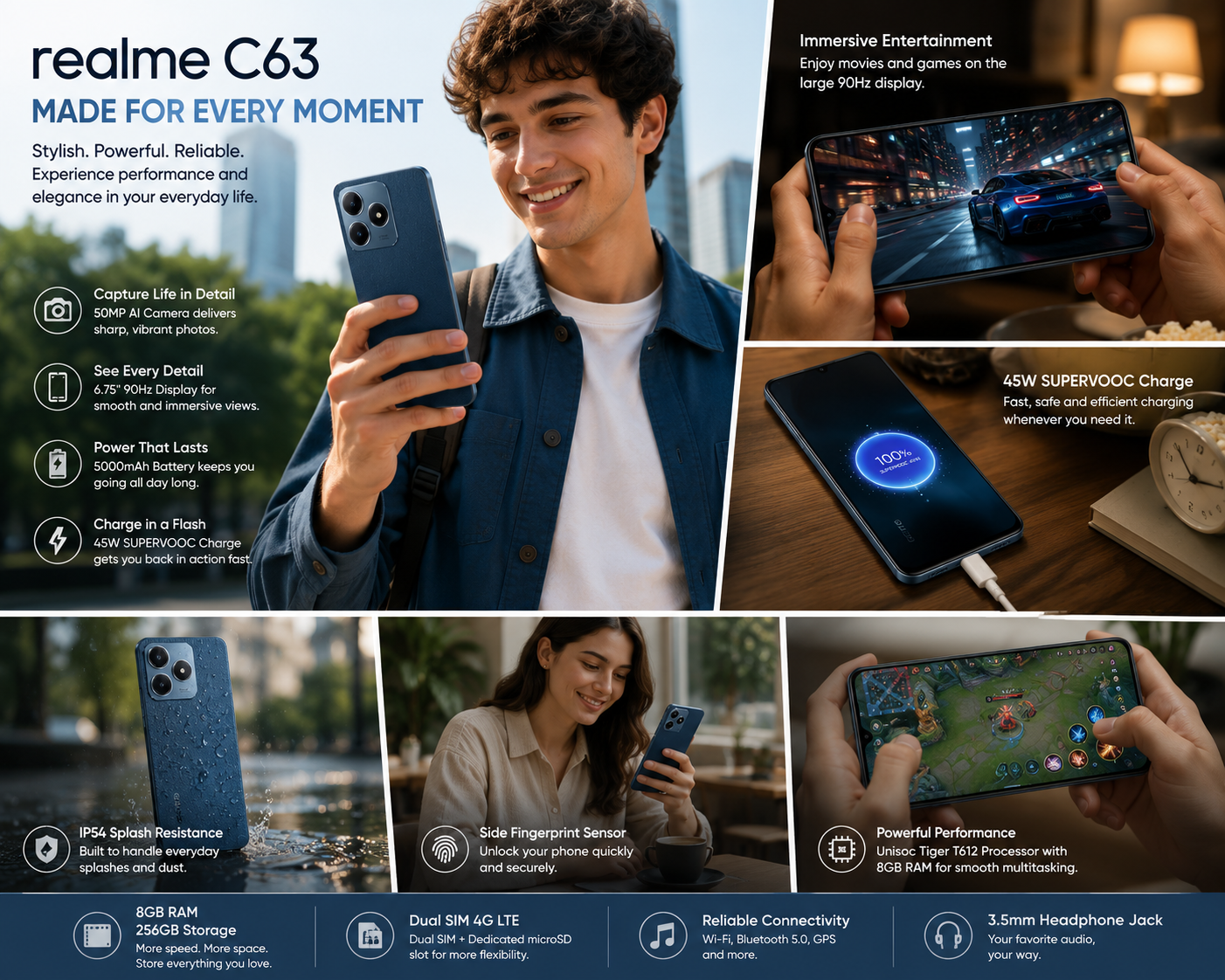 Realme C63 4G Blue smartphone held in hand, front and back visible with dual cameras