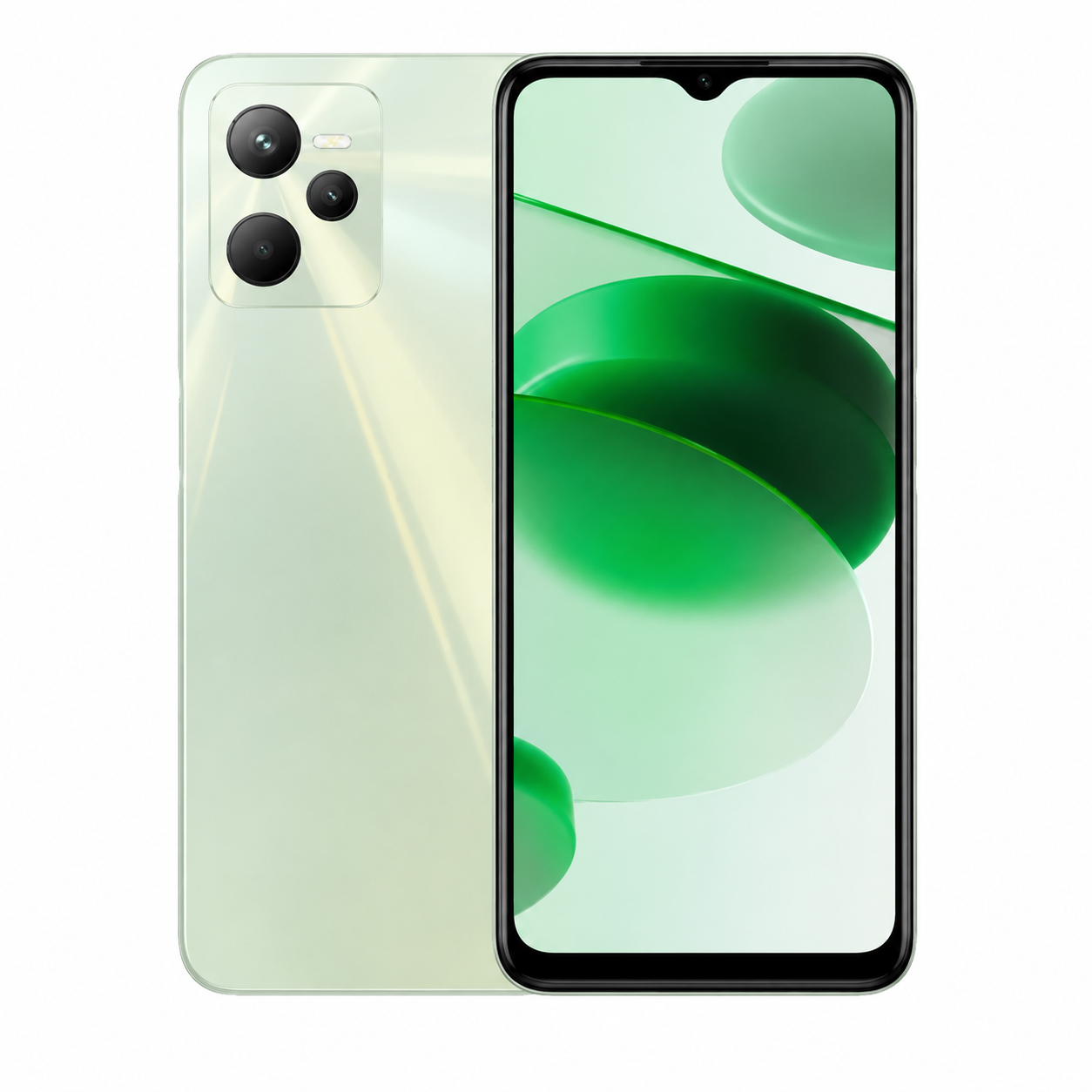 Realme GT Master Edition 5G Glowing green smartphone front and back view with dual rear cameras