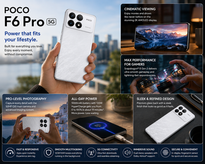 White POCO F6 Pro 5G smartphone with rear camera module and front display shown