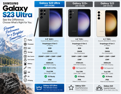 Samsung Galaxy S23 Ultra 5G Black smartphone with stylus in a side-by-side front and back view