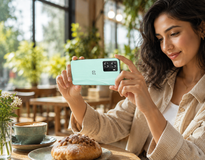 OnePlus Nord N20 SE Woman holding mint smartphone; dual rear camera area visible