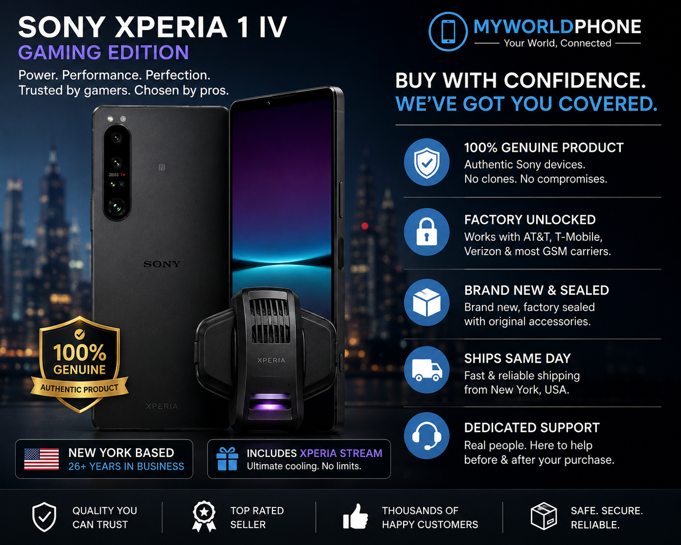 Sony Xperia 1 IV gaming smartphone with XPERIA Stream cooling fan, front and back