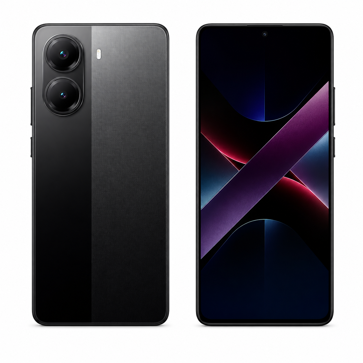 Black smartphone with dual rear cameras and curved display, front and back view