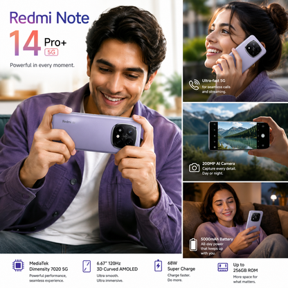 Xiaomi Redmi Note 14 Pro Plus 5G 256GB ROM 8GB RAM Dual SIM GSM Unlocked - Lavender Purple