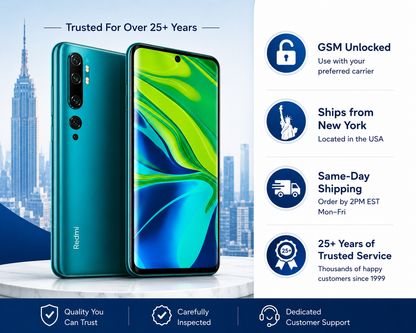 Xiaomi Redmi Note 10 Lake Green smartphone with front display and back panel on stand