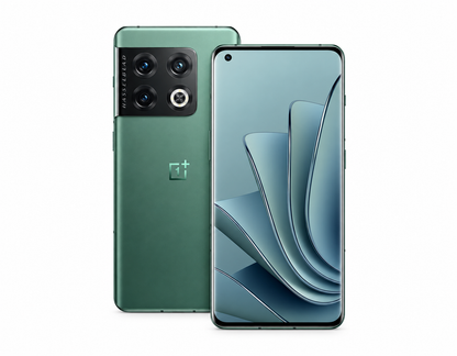 OnePlus 10 Pro 5G phone in emerald green with dual rear cameras and front display