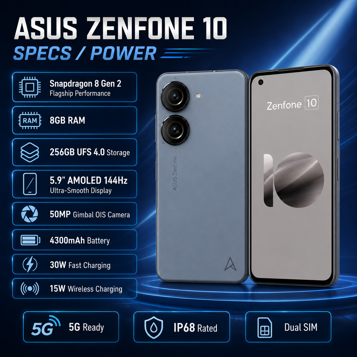Asus Zenfone 10 5G smartphone, blue back and front display, dual rear cameras.
