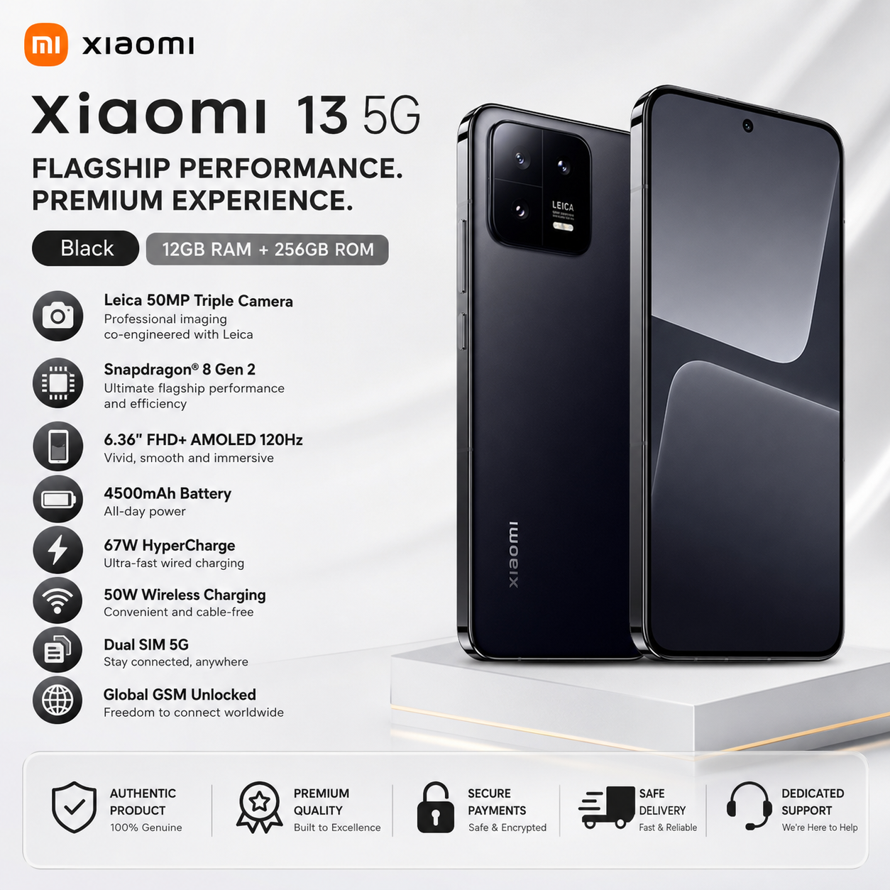 Xiaomi 13 5G Dual SIM 256GB ROM 12GB RAM Global GSM Unlocked - Black