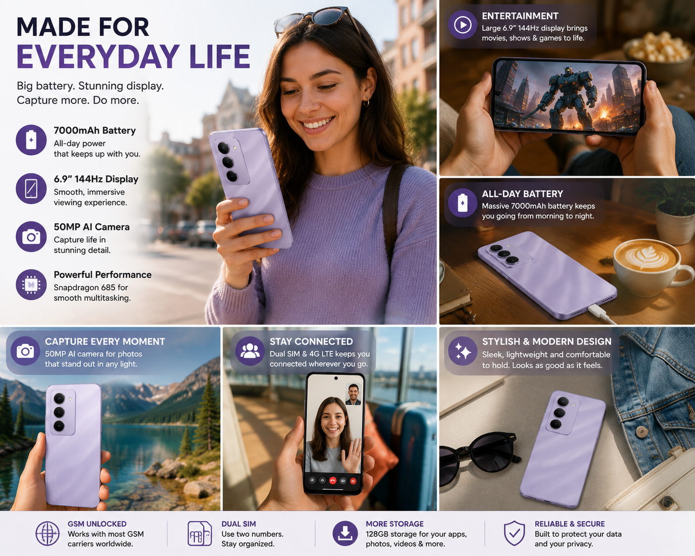 XIAOMI Redmi 15 4G  Purple Xiaomi Redmi smartphone held in hand, rear triple cameras and front screen visible