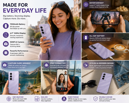 XIAOMI Redmi 15 4G  Purple Xiaomi Redmi smartphone held in hand, rear triple cameras and front screen visible