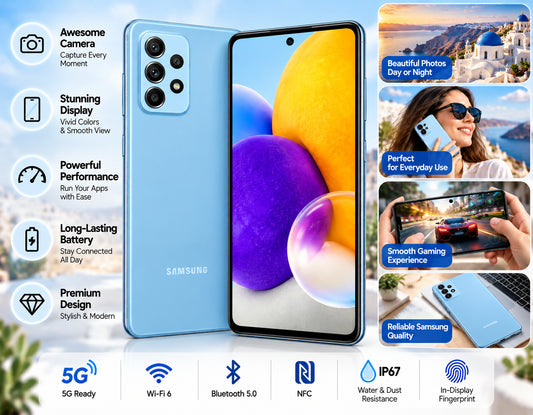 Samsung Galaxy A72 A725F-DS 4G Blue Samsung smartphone front and back with feature icons for camera, battery, and 5G