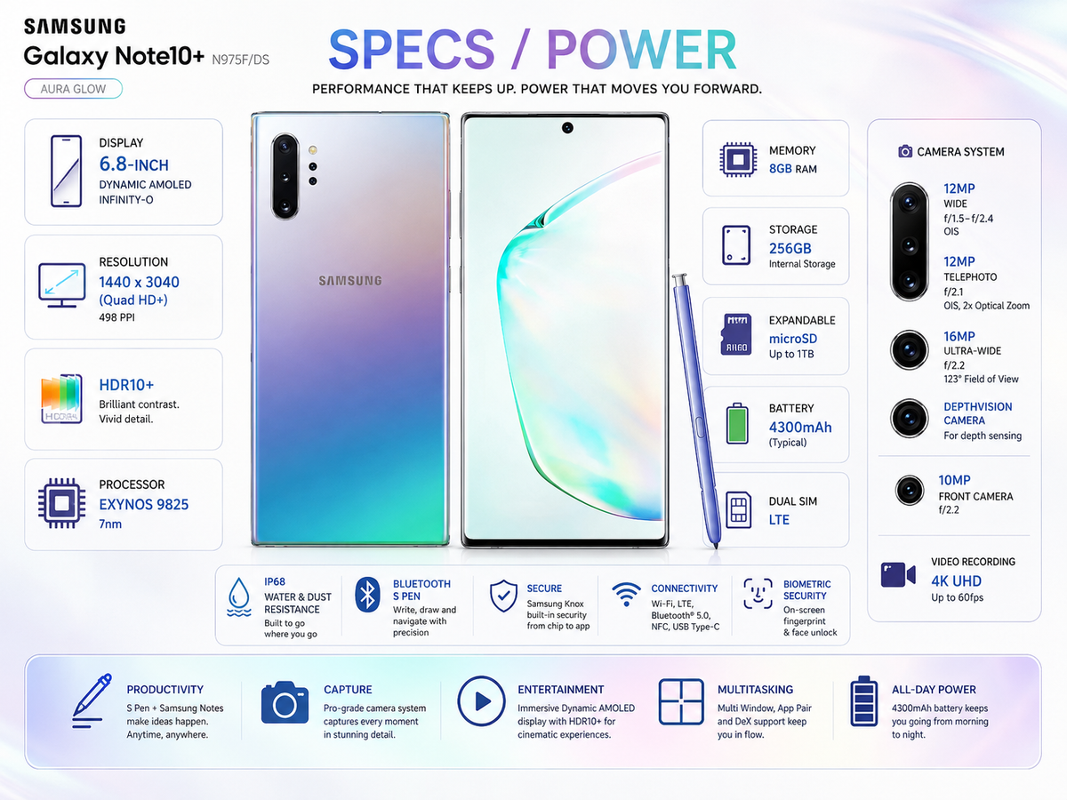 Samsung Galaxy Note 10+ smartphone with Aura Glow back and front display, specs panel