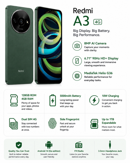Xiaomi Redmi A3 4G 128GB ROM 4GB RAM Dual SIM GSM Unlocked - Green