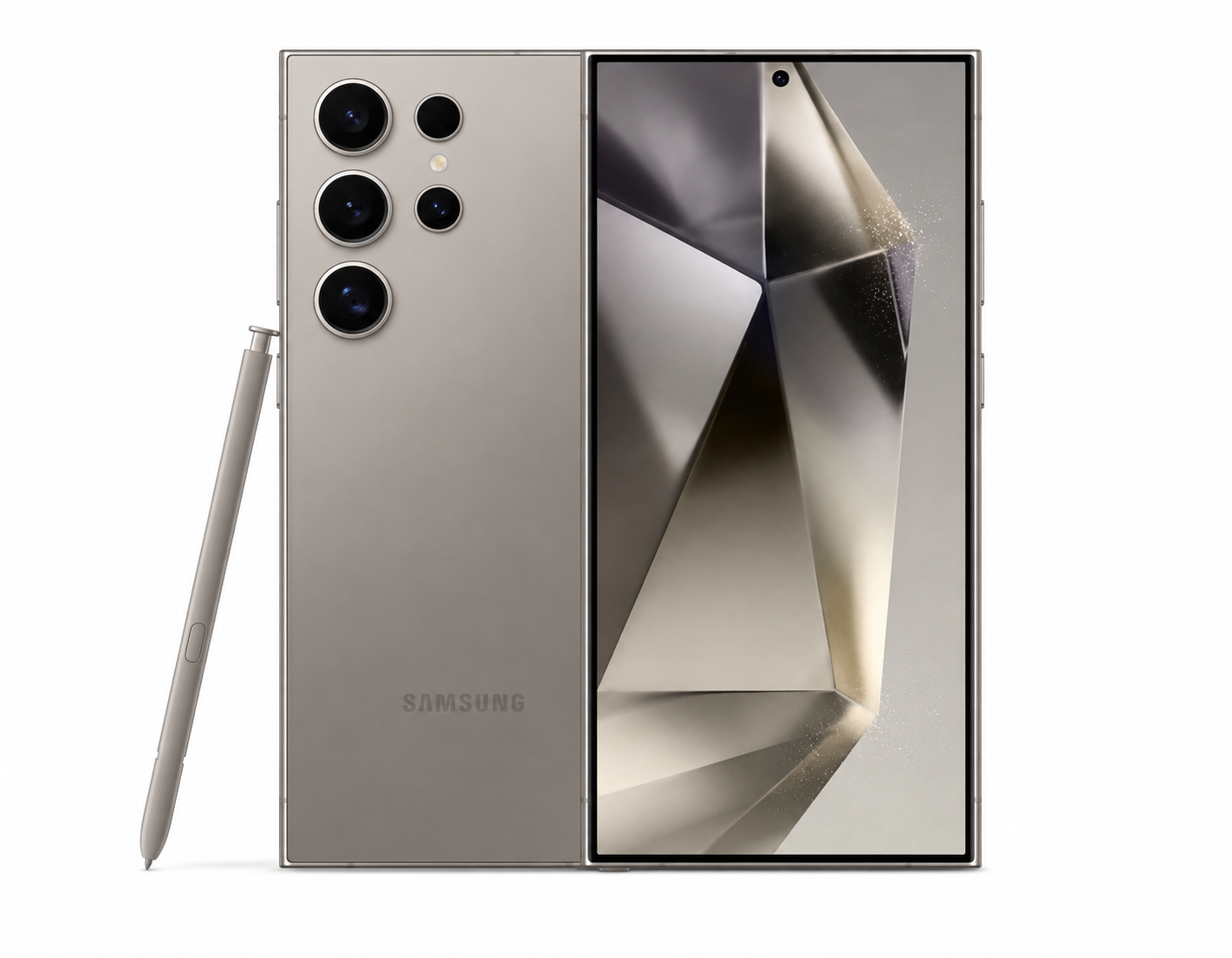 Samsung Galaxy S24 Ultra 5G titanium gray phone with S Pen stylus and front/back views