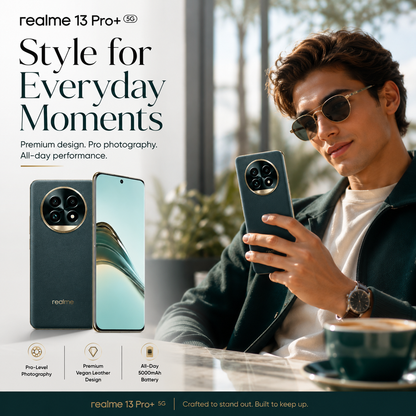 Realme 13 Pro Plus 5G Realme green smartphone held in a man’s hand with front screen visible