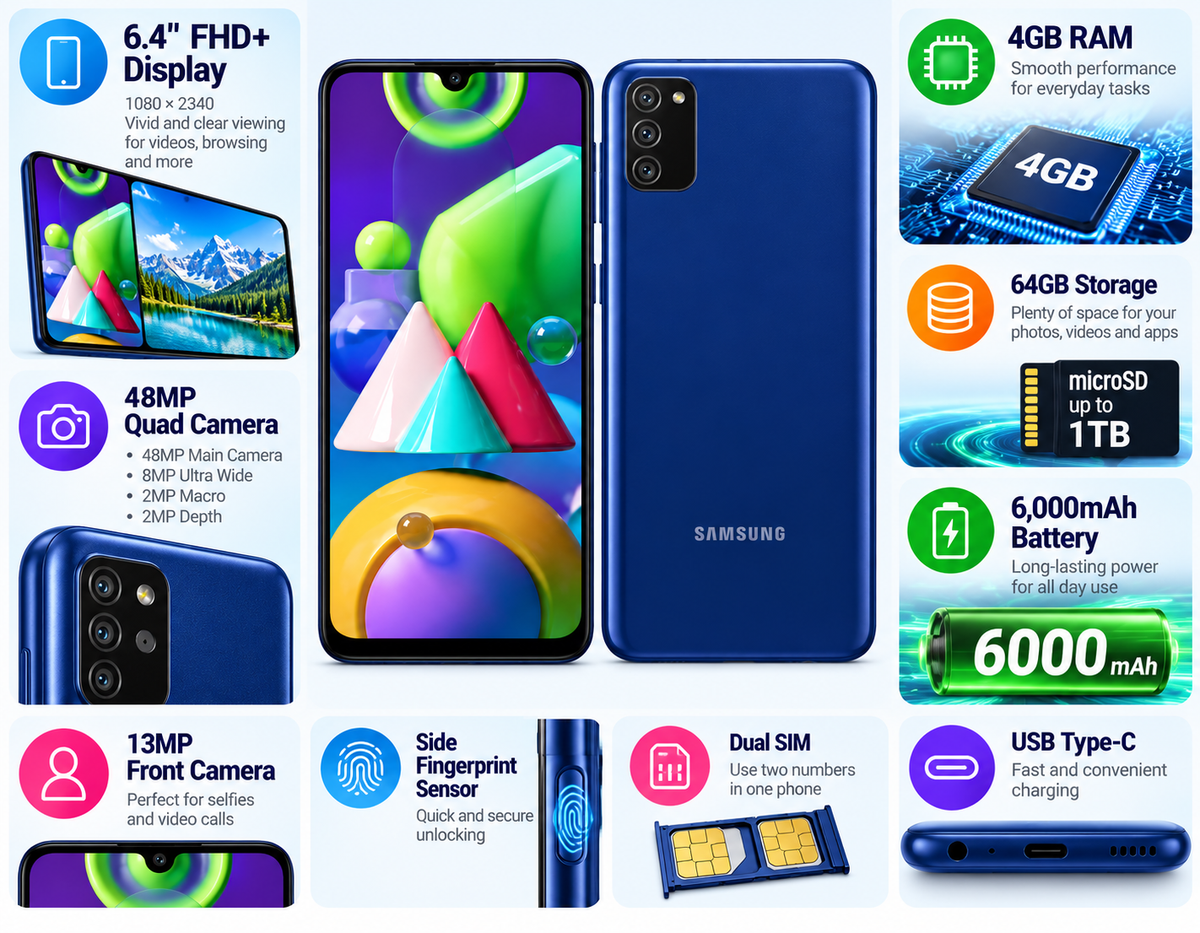 Samsung Galaxy M21  Blue Samsung Galaxy smartphone front and back with side fingerprint sensor