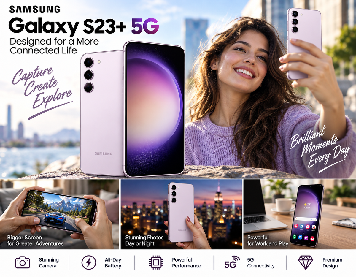 Lavender Galaxy S23+ 5G phone held by smiling woman, front facing camera