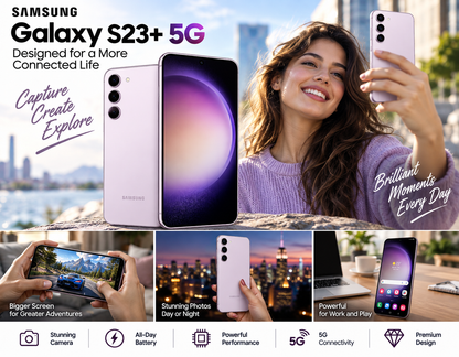 Lavender Galaxy S23+ 5G phone held by smiling woman, front facing camera