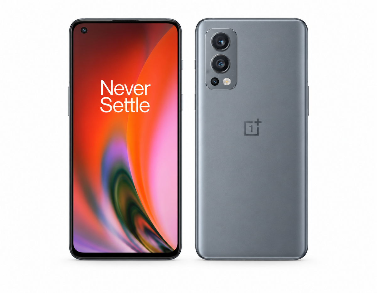 OnePlus Nord 2 5G Gray smartphone front and back view, dual rear cameras