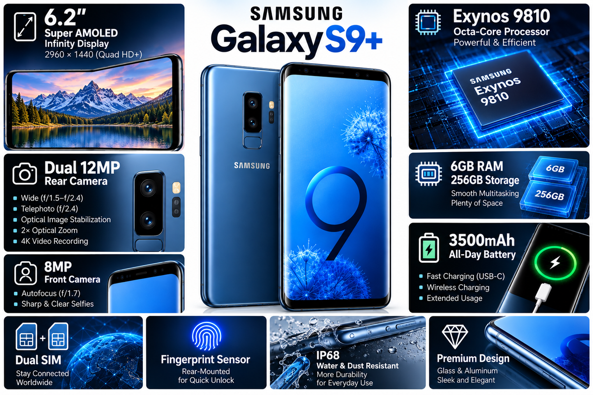 Blue Samsung Galaxy S9+ smartphone front and back with rear camera detail