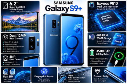 Blue Samsung Galaxy S9+ smartphone front and back with rear camera detail