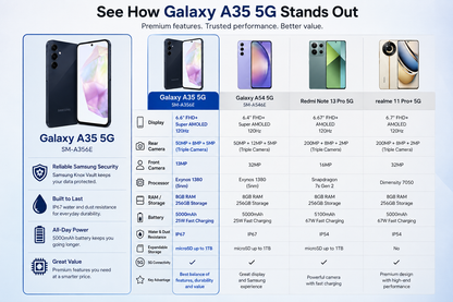 Navy Samsung Galaxy A35 5G smartphone shown front and back side by side
