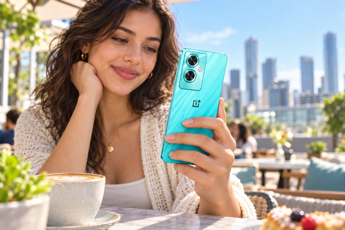 OnePlus Nord N30 SE cyan sparkle smartphone held in hand, showing rear cameras and blue screen